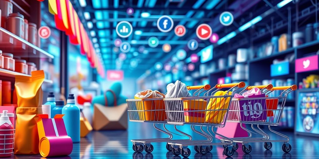 Colorful ecommerce products with social media icons.