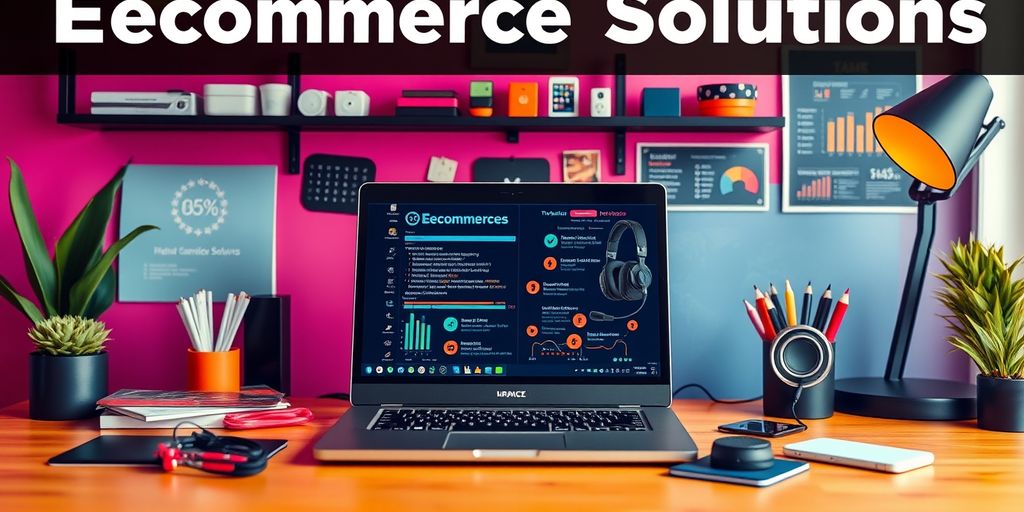 Modern workspace with laptop and headset for ecommerce.