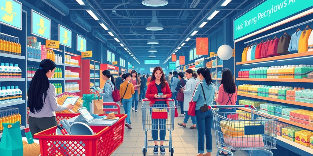 Ecommerce scene with products and influencers in a tech setting.