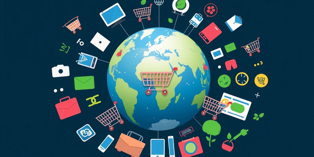 Globe with shopping carts and digital devices, eco-friendly symbols.