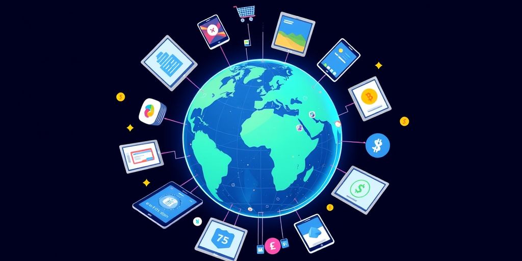 Globe with digital devices representing international ecommerce.