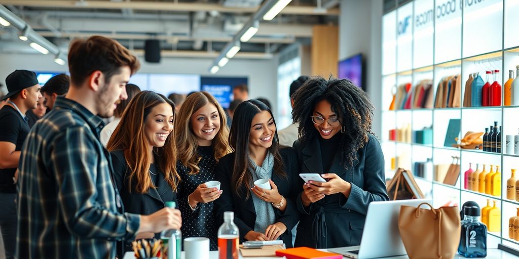 Diverse influencers showcasing products in a tech-inspired setting.