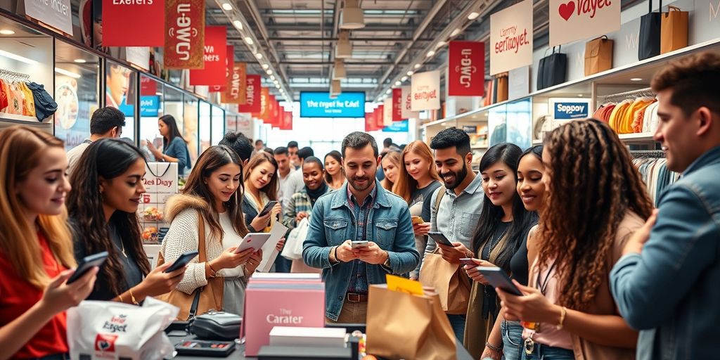 Diverse influencers promoting products in a digital marketplace.