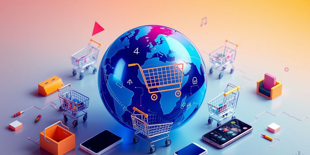 Digital globe with shopping carts and tech devices.