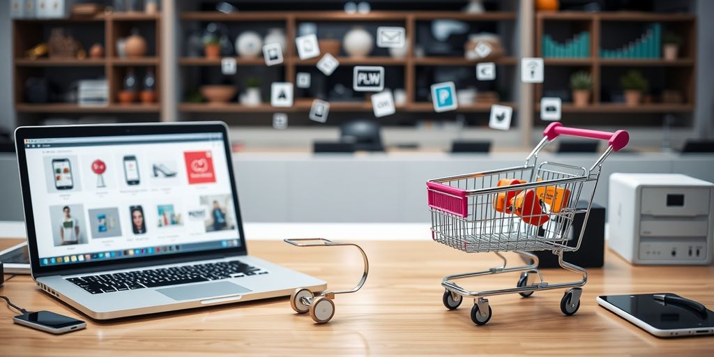Ecommerce workspace with laptop and shopping cart.