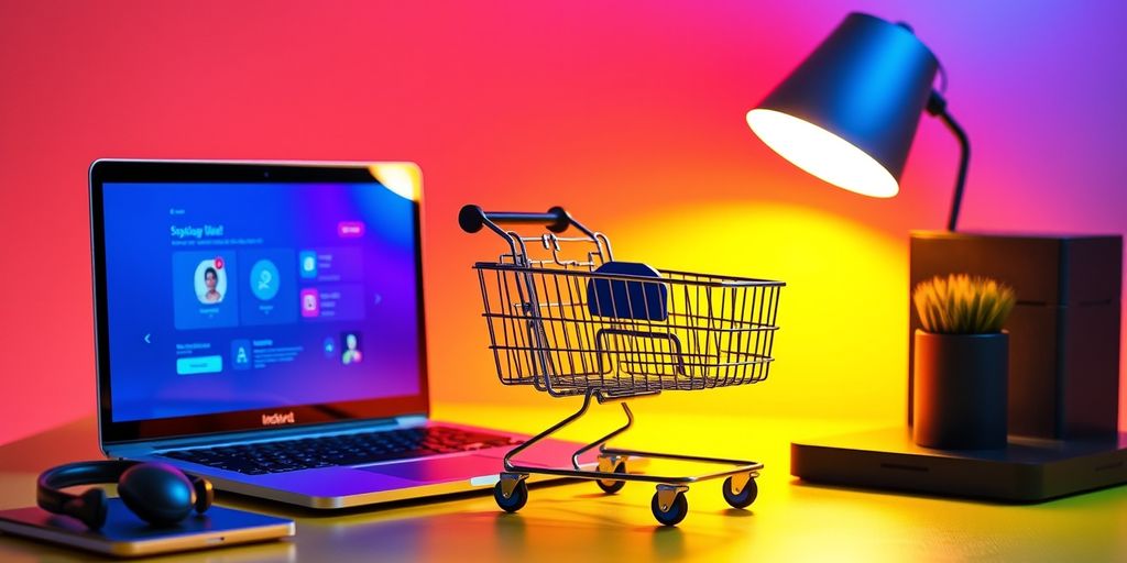 Modern workspace with laptop and shopping cart elements.