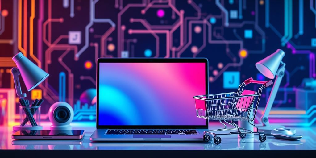 Ecommerce workspace with laptop and shopping cart.