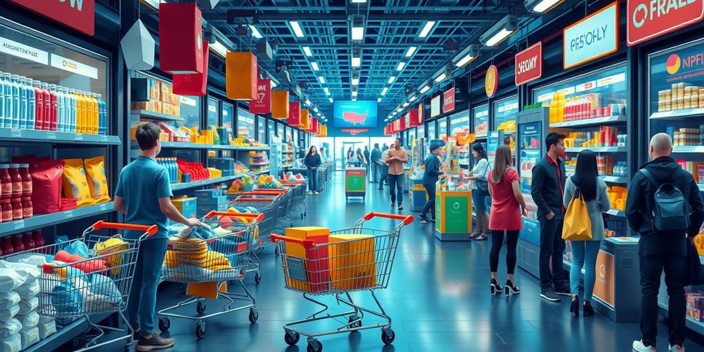 Colorful ecommerce scene with products and shopping carts.