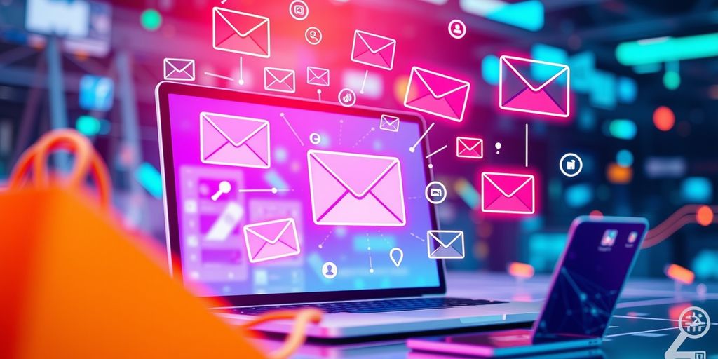 Futuristic ecommerce scene with automated email icons and devices.