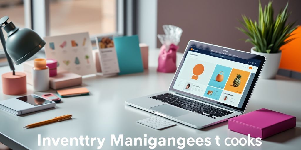 Modern workspace with laptop and product samples.