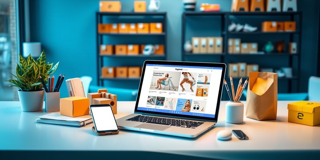 Modern ecommerce workspace with tech devices and inventory.