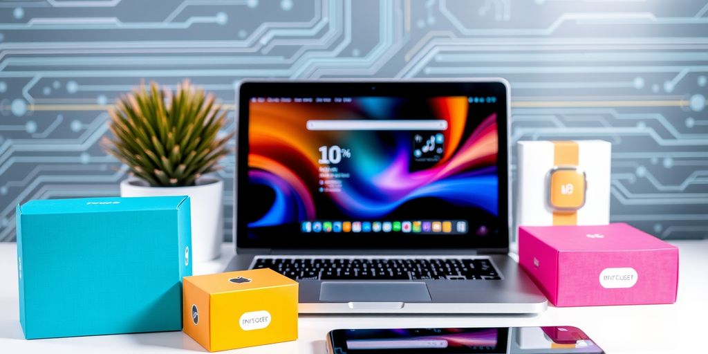 Ecommerce workspace with laptop, product boxes, and smartphone.