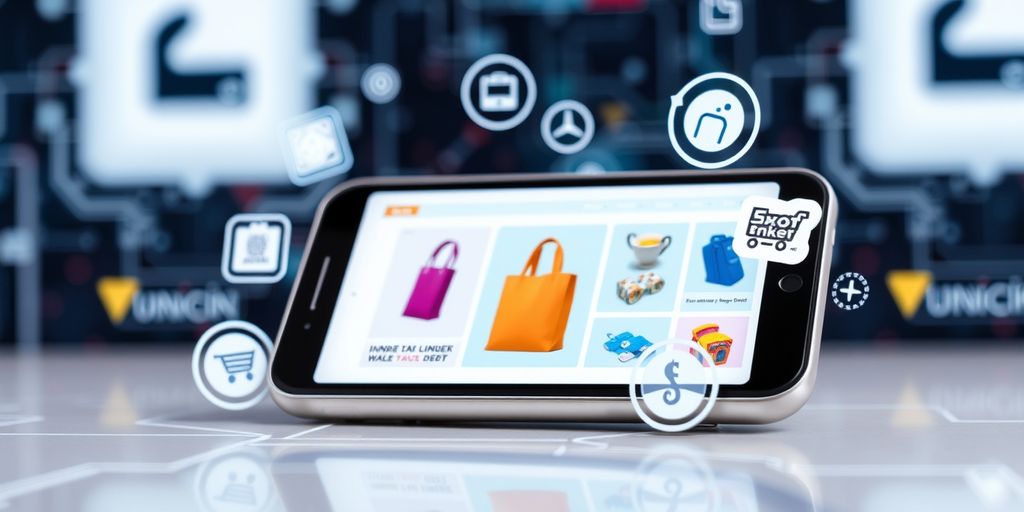 Mobile device with product images and shopping icons.