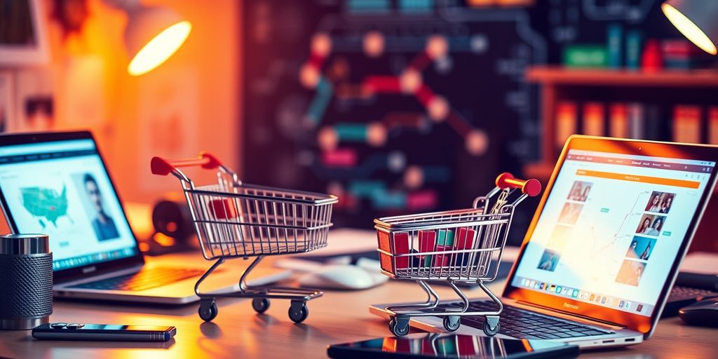 Ecommerce workspace with laptops and shopping carts.