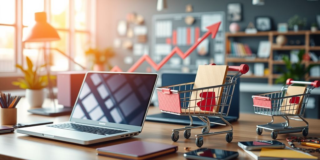 Digital workspace with laptops and shopping carts.