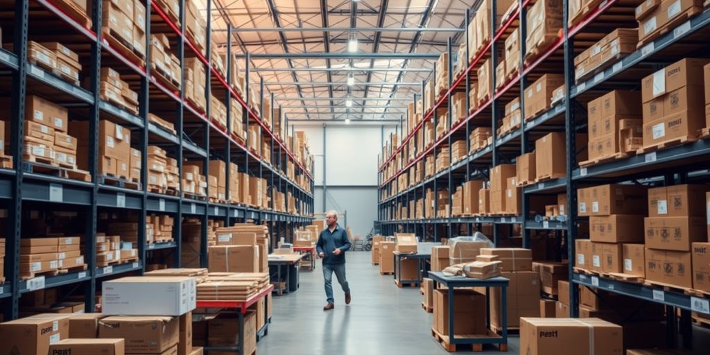 Modern warehouse with organized shelves and packing stations.