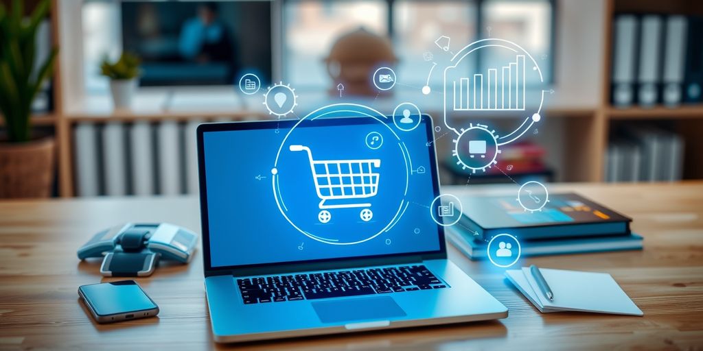 Ecommerce workspace with laptop and shopping cart icon.