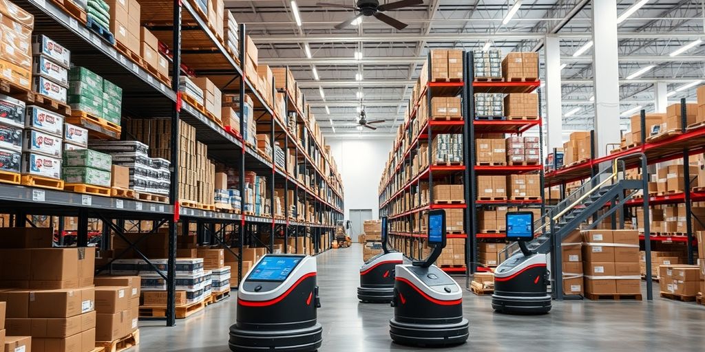 Modern warehouse with organized shelves and automated robots.