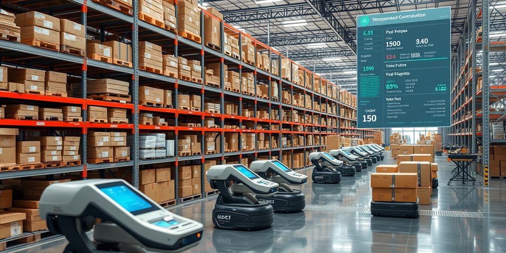 Modern warehouse with packages and automated robots.