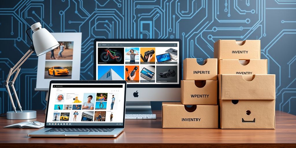 Modern workspace with laptop and organized inventory boxes.