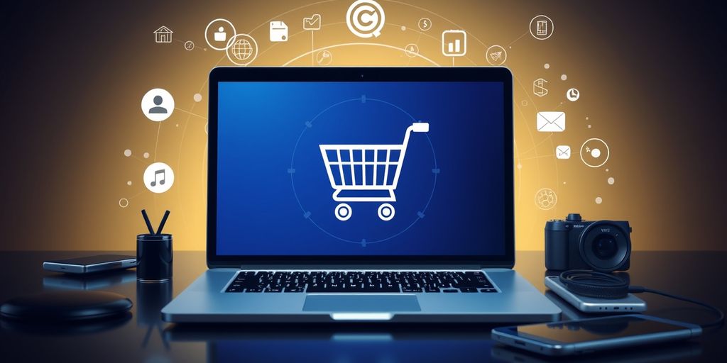 Laptop with shopping cart icon and tech gadgets.