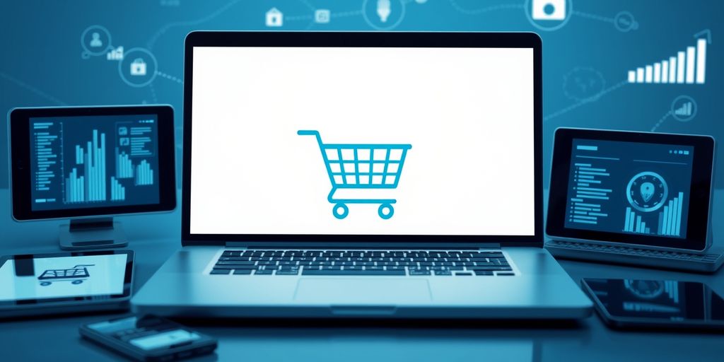 Laptop with shopping cart icon and tech devices.
