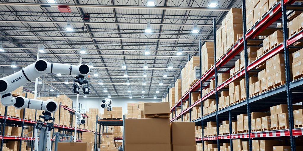 Robotic arms sorting packages in a modern warehouse.