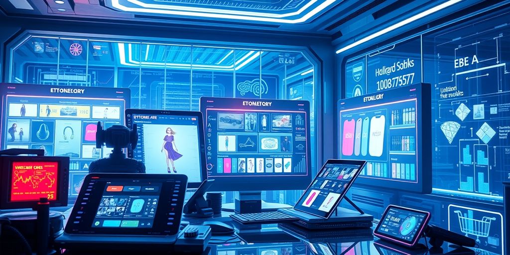 Futuristic e-commerce technology with sleek devices and interfaces.