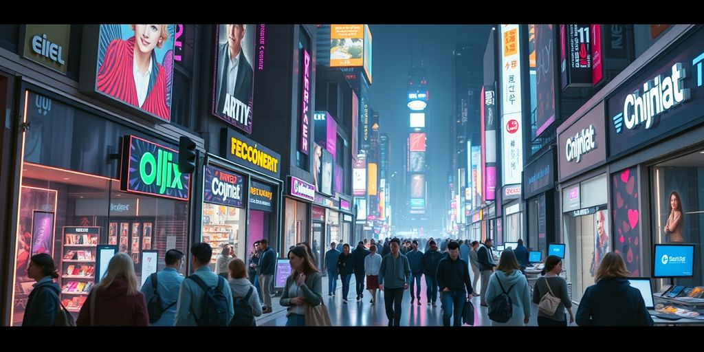 Futuristic city with digital storefronts and diverse shoppers.