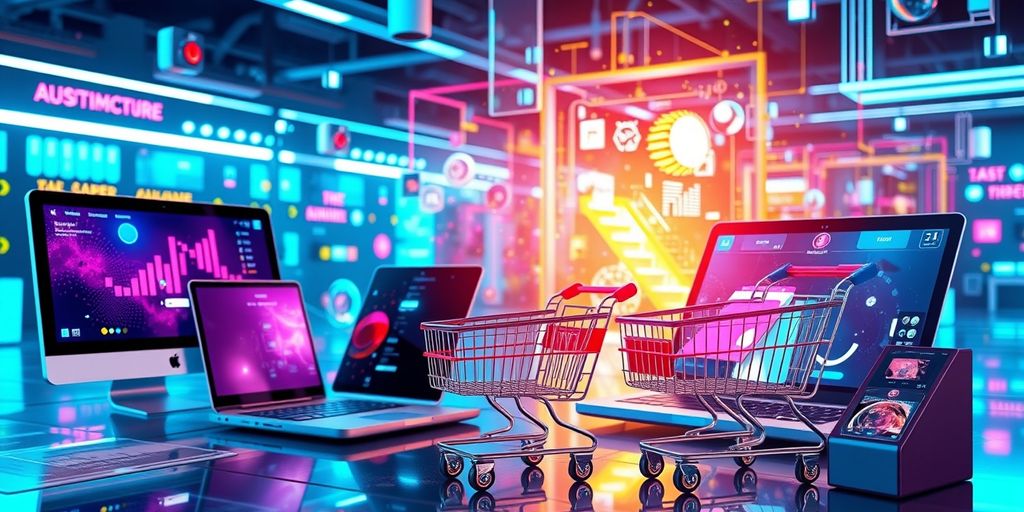 Futuristic ecommerce scene with digital devices and shopping carts.