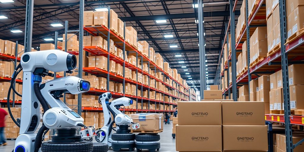 Automated robots sorting packages in a modern warehouse.