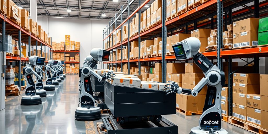 Modern warehouse with robots sorting packages and colorful boxes.