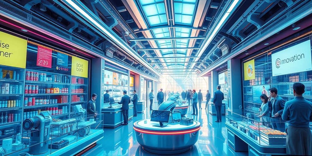 Futuristic digital marketplace with diverse products and technology.