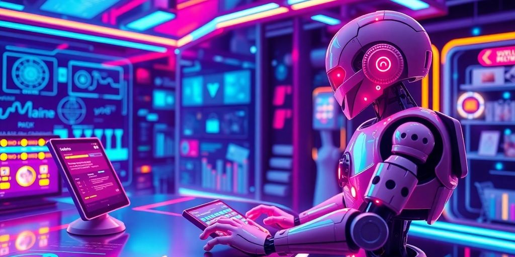 Futuristic eCommerce scene with AI and chatbots.