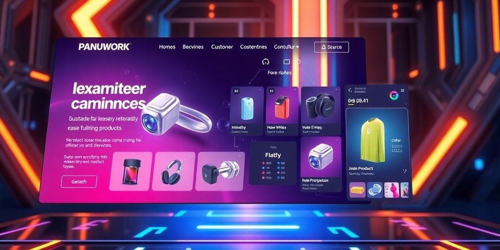 Futuristic ecommerce website interface with vibrant product images.