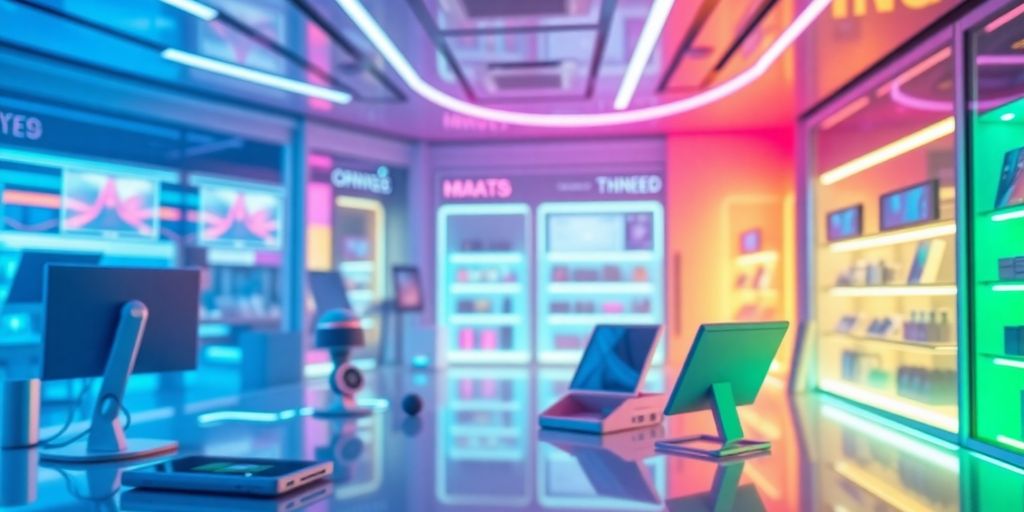 Futuristic eCommerce scene with advanced technology and vibrant colors.
