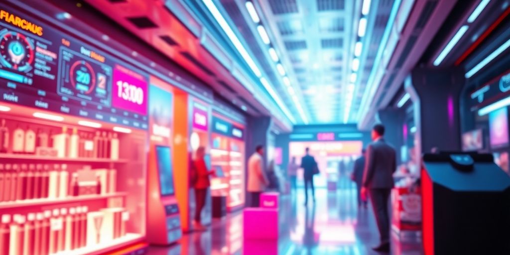 Futuristic eCommerce scene with advanced technology and vibrant colors.
