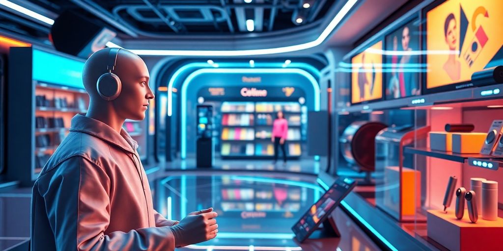 Futuristic eCommerce scene with voice shopping technology.