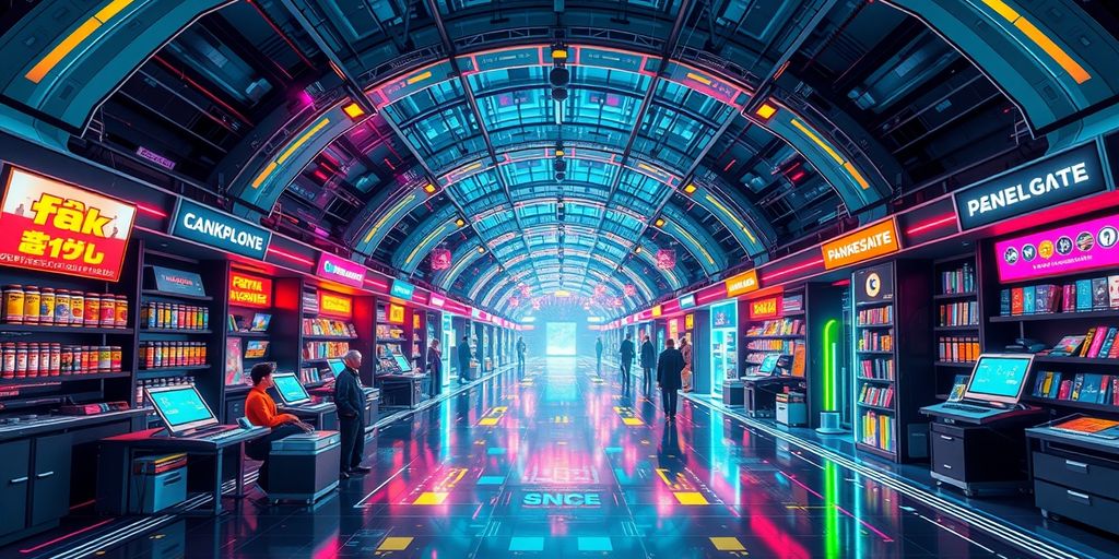 Futuristic digital marketplace with advanced technology elements.