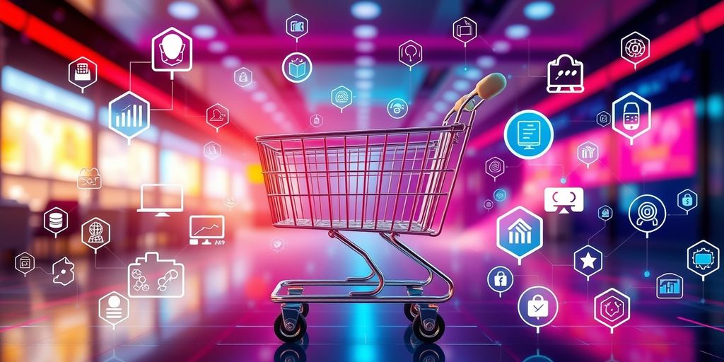 Futuristic shopping cart with digital AI icons.