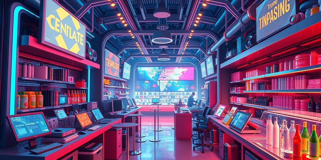 Futuristic ecommerce scene with diverse products and devices.