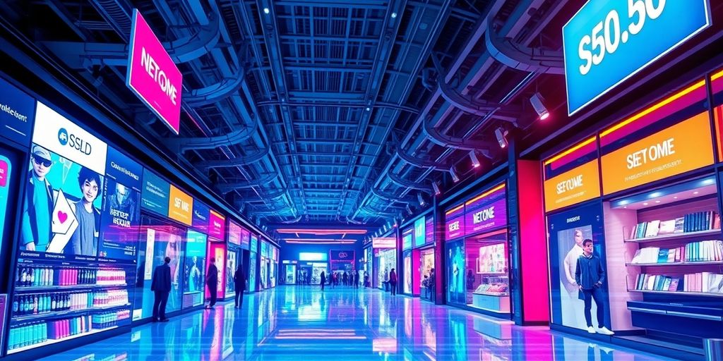 Futuristic digital marketplace with advanced technology and vibrant colors.