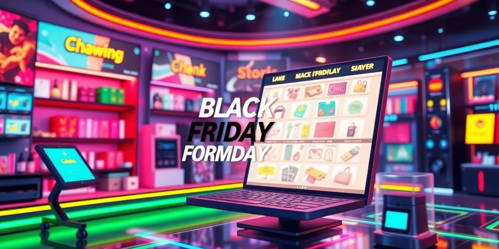 Futuristic ecommerce scene with vibrant technology and products.