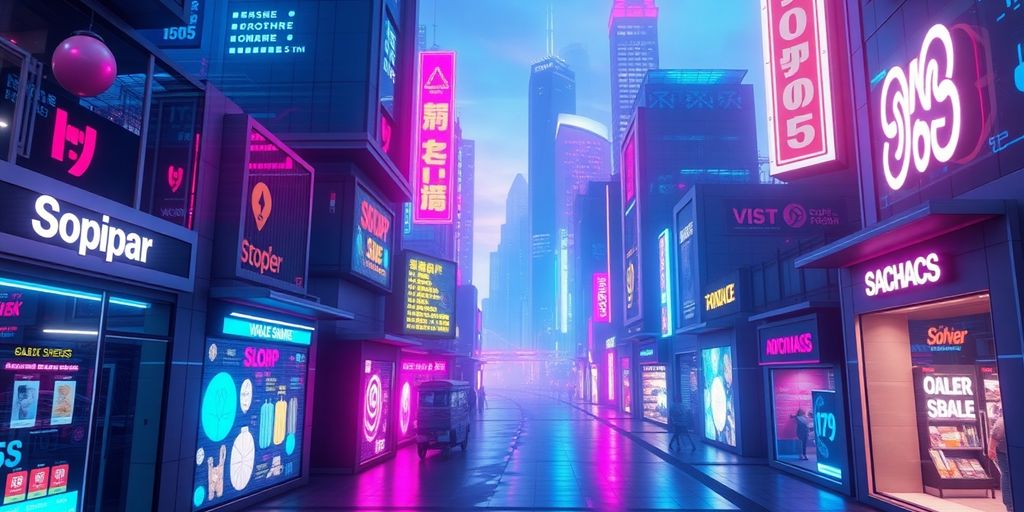 Futuristic city with digital storefronts and neon lights.