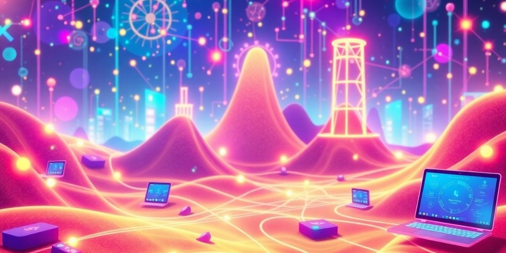 Futuristic digital landscape with interconnected devices and vibrant colors.