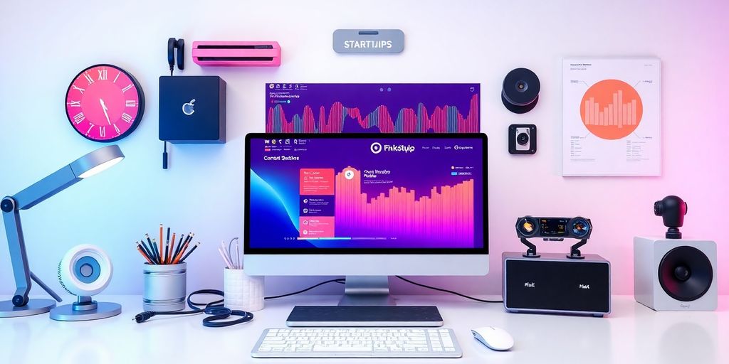 Futuristic digital workspace with technology and ecommerce elements.
