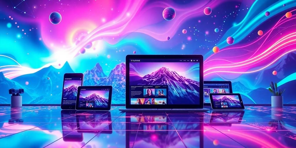 Futuristic digital landscape with vibrant colors and devices.