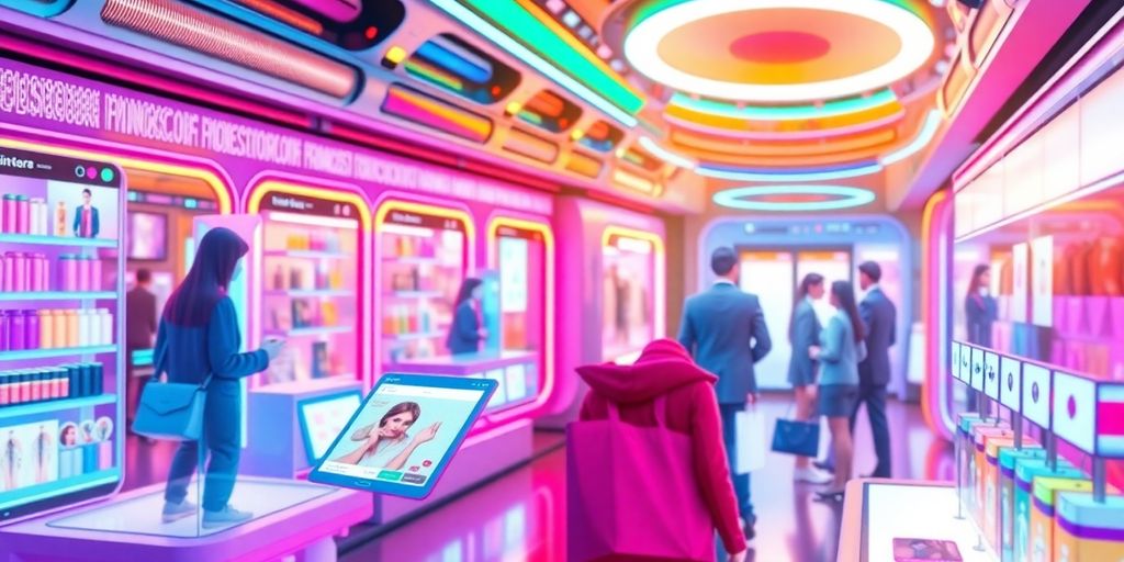 Futuristic e-commerce technology with vibrant colors and products.