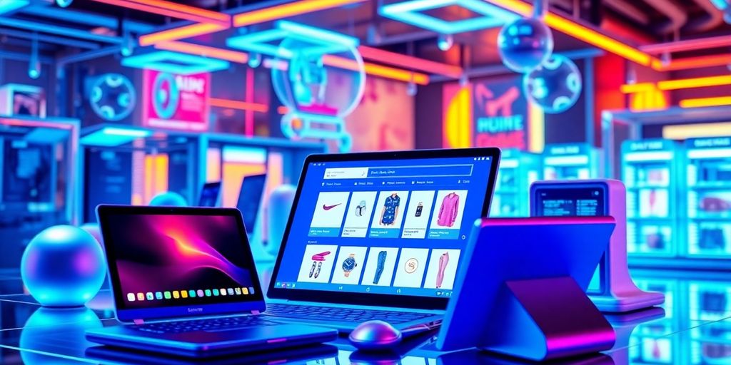 Futuristic e-commerce technology with sleek devices and colors.