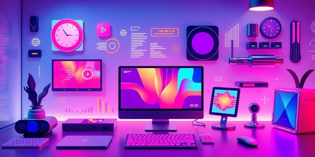 Futuristic digital workspace with advanced technology and gadgets.